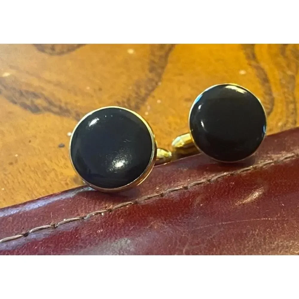 VTG Gold Tone Black Lucite Round Cufflinks
